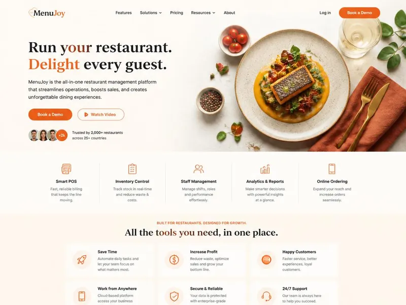 Web Design — MenuJoy: Restaurant Management Platform Design: site realizat de NCHDesign, design modern, versiune desktop